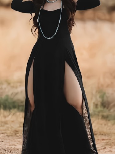 Solid Color Off Shoulder Split Dress, Elegant Simple Slim Dress For Club & Party, Women's Clothing