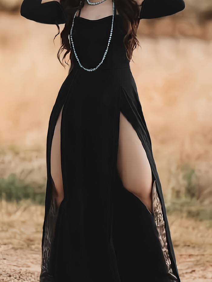 Solid Color Off Shoulder Split Dress, Elegant Simple Slim Dress For Club & Party, Women's Clothing