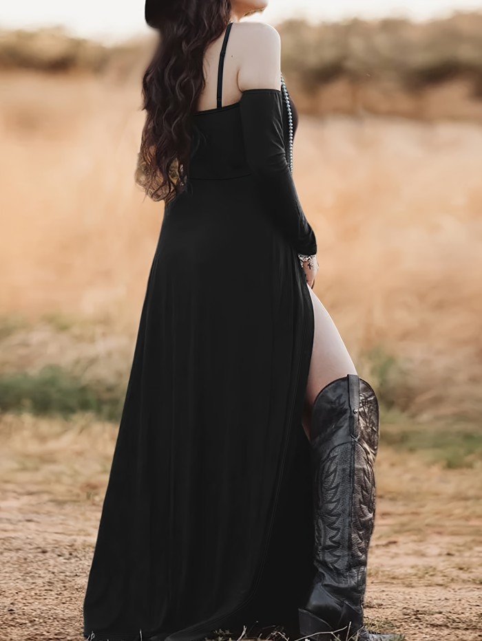 Solid Color Off Shoulder Split Dress, Elegant Simple Slim Dress For Club & Party, Women's Clothing