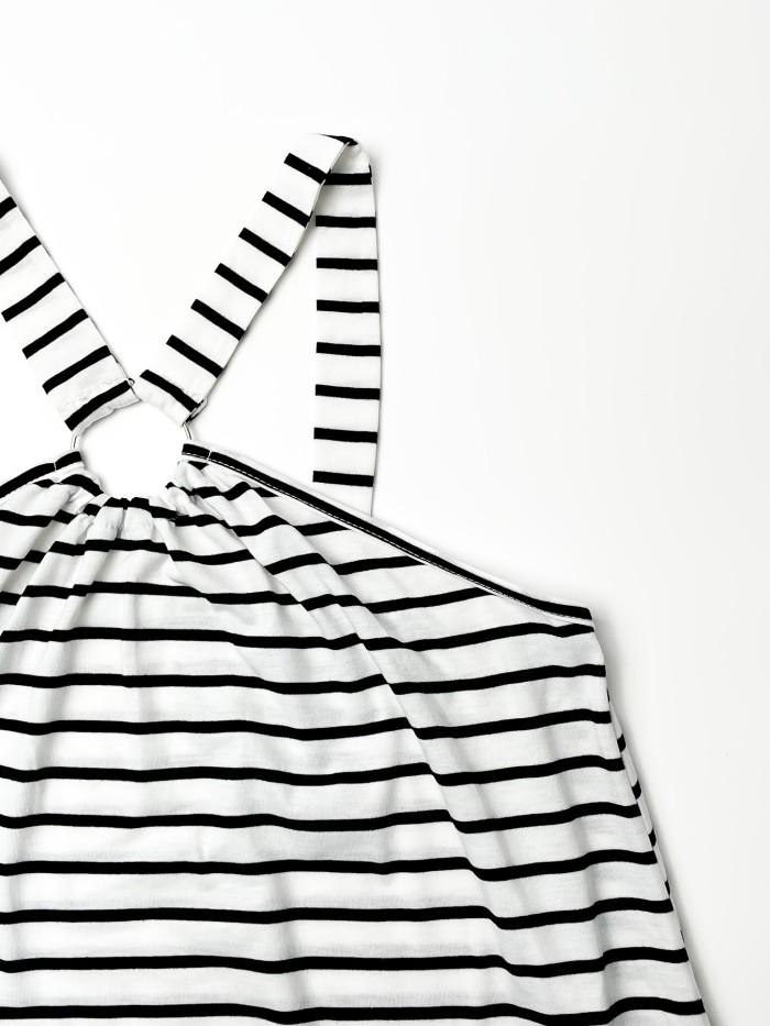 1pc Elegant Striped Knit A-Line Dress for Women, Polyester Off-Shoulder with Cross Strap Detail, Lightweight 170g\u002Fm² Fabric, for Spring\u002FSummer\u002FAutumn