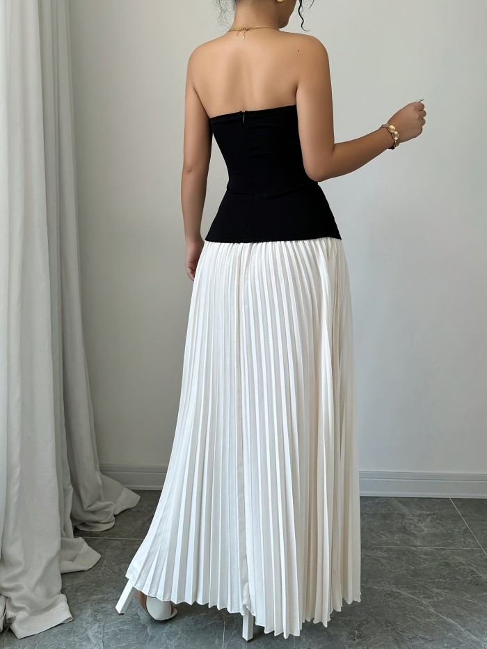 Elegant Women's Off-Shoulder Color Block Dress - Chic Polyester A-Line Maxi with Ribbed Detail, Perfect for Summer Events & Parties