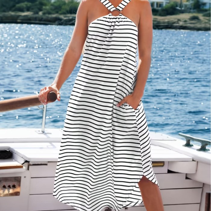 1pc Elegant Striped Knit A-Line Dress for Women, Polyester Off-Shoulder with Cross Strap Detail, Lightweight 170g\u002Fm² Fabric, for Spring\u002FSummer\u002FAutumn