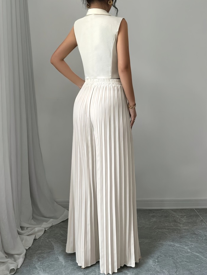Elegant Solid Color Blazer & Pleated Wide-Leg Pants Set for Women - Machine Washable, Polyester\u002FSpandex Blend