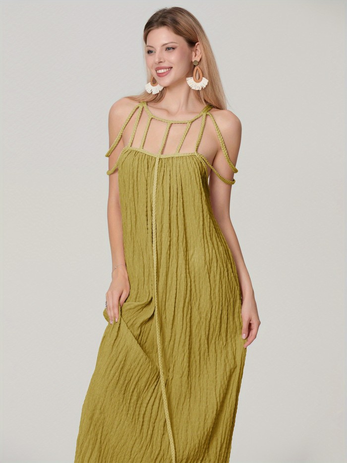 Elegant Women's Sleeveless Spaghetti Strap Maxi Dress - Chic Hollow-Out Design, Off-Shoulder Neck, Lightweight Polyester, Perfect for Summer Beach Vacations