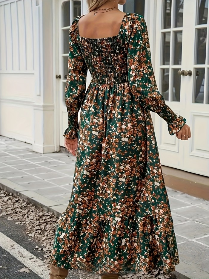 Elegant Women's Floral Print Square Neck Dress - Long Sleeve, Ruffled Hem, Polyester Blend, Machine Washable - Chic & Sophisticated for All Seasons