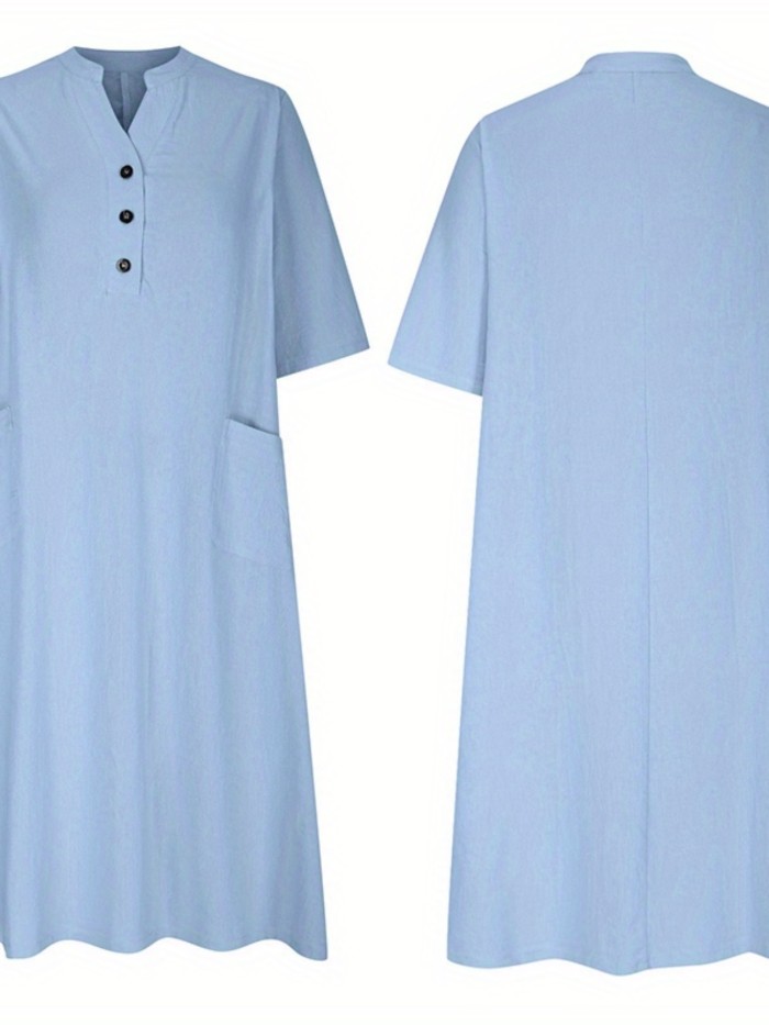 Women Midi Dress Solid Color Buttons Elbow Sleeve V-Neck Dress Summer Pockets Fashion Casual Dress