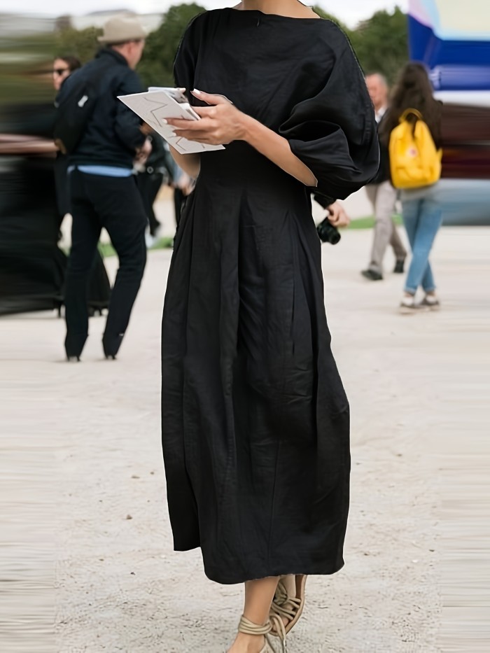 Summer Loose Linen Dress Solid Color Round Neck Puff Sleeves Casual Streetwear High Waist Midi Dresses