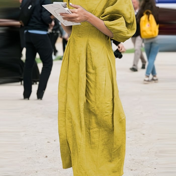 Summer Loose Linen Dress Solid Color Round Neck Puff Sleeves Casual Streetwear High Waist Midi Dresses