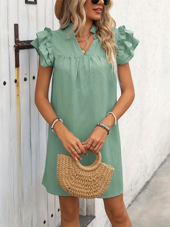 Elegant Maroon V-Neck Mini Dress for Women - Chic Ruffle Fly Sleeves, Solid Color, Lightweight Polyester - Perfect for Spring\u002FSummer Casual Wear