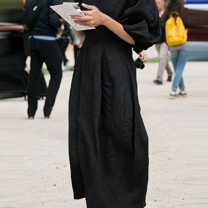 Summer Loose Linen Dress Solid Color Round Neck Puff Sleeves Casual Streetwear High Waist Midi Dresses