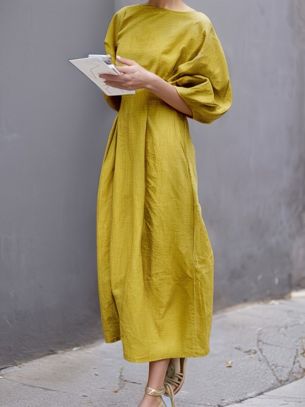 Summer Loose Linen Dress Solid Color Round Neck Puff Sleeves Casual Streetwear High Waist Midi Dresses