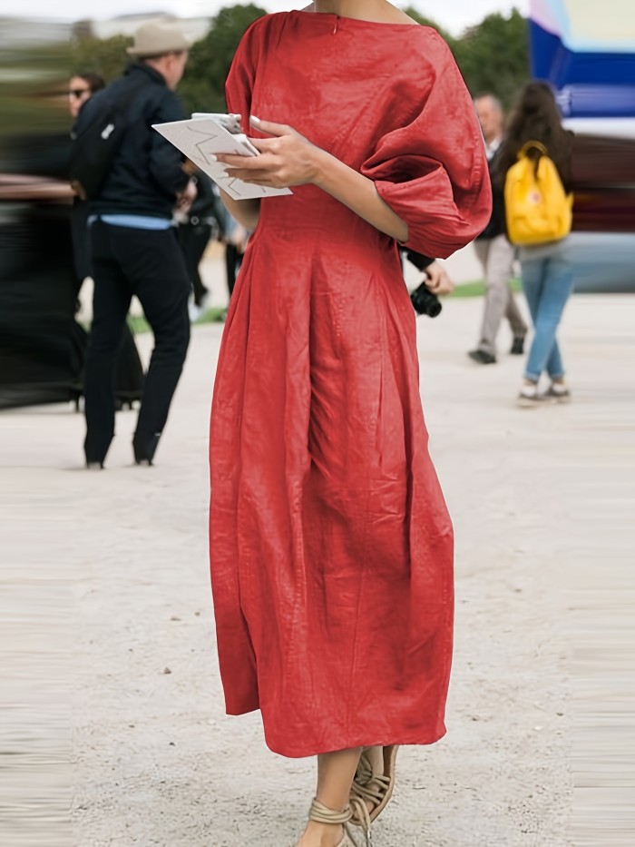 Summer Loose Linen Dress Solid Color Round Neck Puff Sleeves Casual Streetwear High Waist Midi Dresses