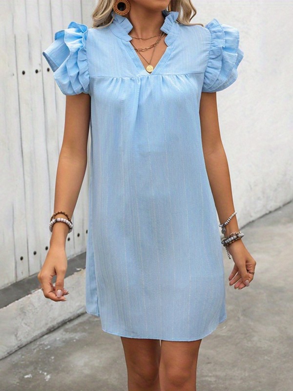Elegant Maroon V-Neck Mini Dress for Women - Chic Ruffle Fly Sleeves, Solid Color, Lightweight Polyester - Perfect for Spring\u002FSummer Casual Wear