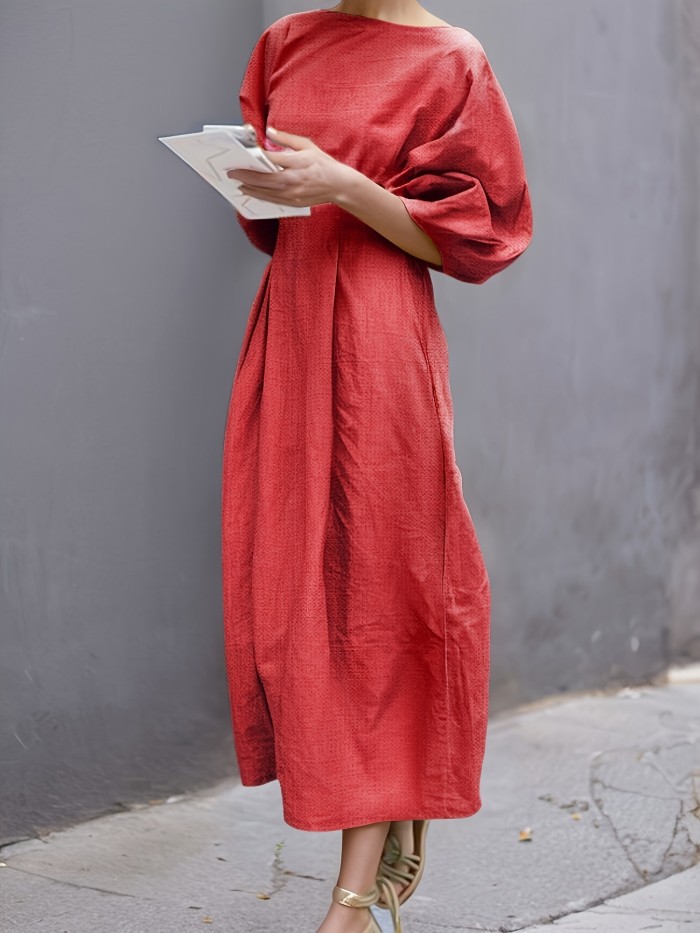 Summer Loose Linen Dress Solid Color Round Neck Puff Sleeves Casual Streetwear High Waist Midi Dresses