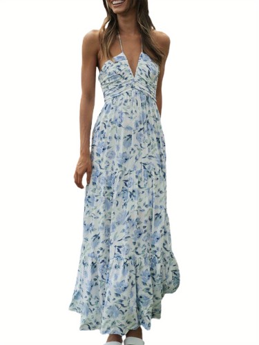 Elegant Women's Floral Maxi Sundress - Sleeveless Halter Neck with V-Neck and Smocked Ruffle Detail, Flowy Boho Beach Style, Off-Shoulder Design, Perfect for Spring\u002FSummer\u002FFall, Beach Dress