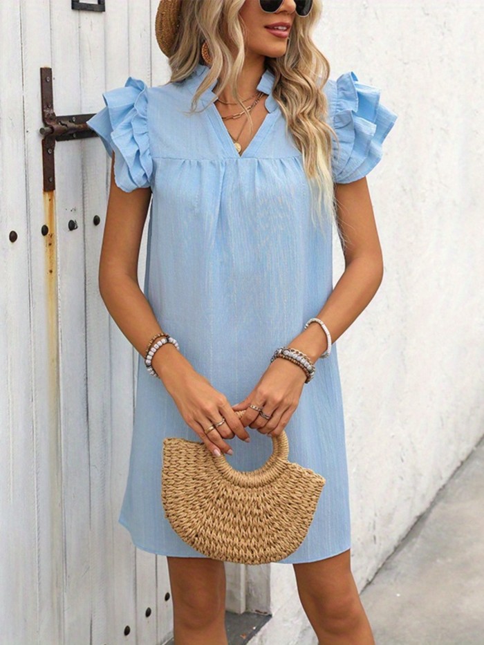 Elegant Maroon V-Neck Mini Dress for Women - Chic Ruffle Fly Sleeves, Solid Color, Lightweight Polyester - Perfect for Spring\u002FSummer Casual Wear