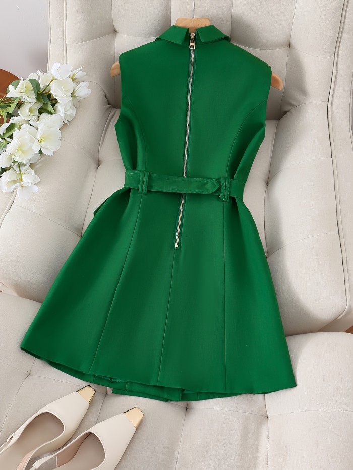 Elegant Green Sleeveless Blazer Dress with Belt - Chic Double-Breasted, Notch Collar, Solid Color, Polyester Blend, Machine Washable - Perfect for Spring\u002FSummer\u002FFall Events