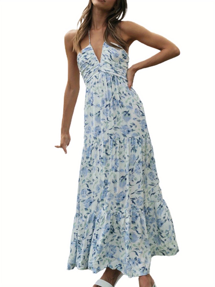Elegant Women's Floral Maxi Sundress - Sleeveless Halter Neck with V-Neck and Smocked Ruffle Detail, Flowy Boho Beach Style, Off-Shoulder Design, Perfect for Spring\u002FSummer\u002FFall, Beach Dress