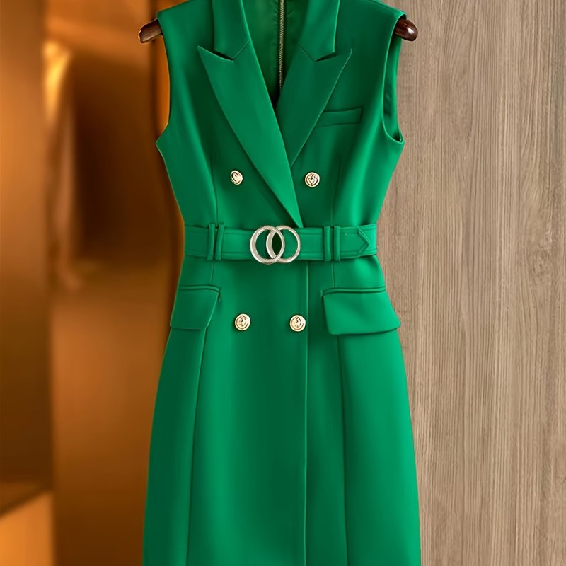 Elegant Green Sleeveless Blazer Dress with Belt - Chic Double-Breasted, Notch Collar, Solid Color, Polyester Blend, Machine Washable - Perfect for Spring\u002FSummer\u002FFall Events