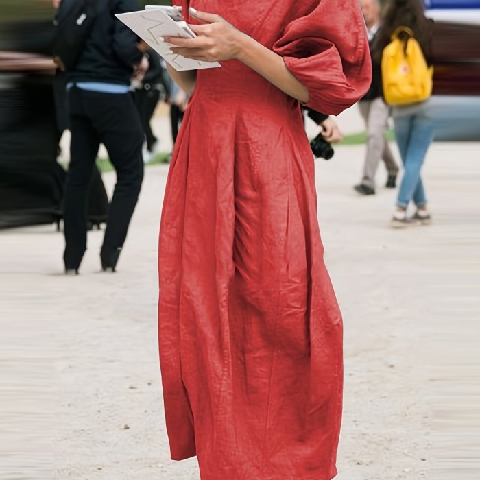 Summer Loose Linen Dress Solid Color Round Neck Puff Sleeves Casual Streetwear High Waist Midi Dresses