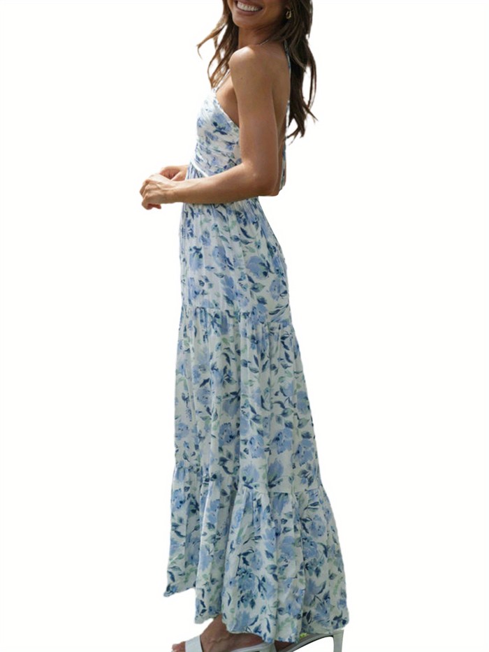 Elegant Women's Floral Maxi Sundress - Sleeveless Halter Neck with V-Neck and Smocked Ruffle Detail, Flowy Boho Beach Style, Off-Shoulder Design, Perfect for Spring\u002FSummer\u002FFall, Beach Dress