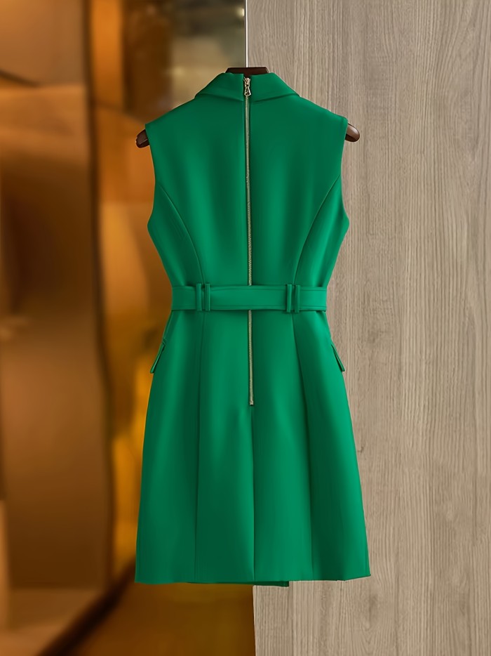 Elegant Green Sleeveless Blazer Dress with Belt - Chic Double-Breasted, Notch Collar, Solid Color, Polyester Blend, Machine Washable - Perfect for Spring\u002FSummer\u002FFall Events