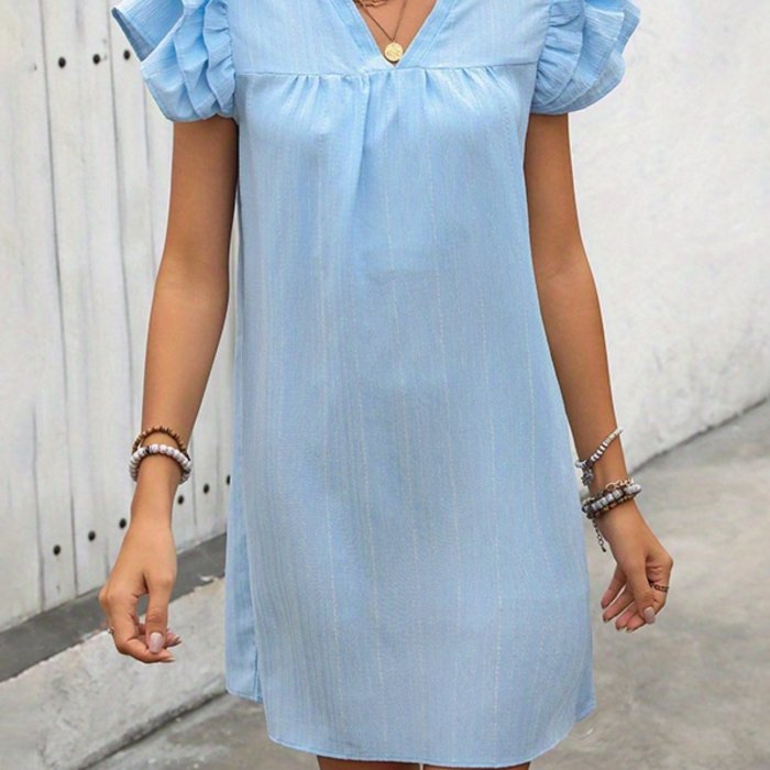 Elegant Maroon V-Neck Mini Dress for Women - Chic Ruffle Fly Sleeves, Solid Color, Lightweight Polyester - Perfect for Spring\u002FSummer Casual Wear
