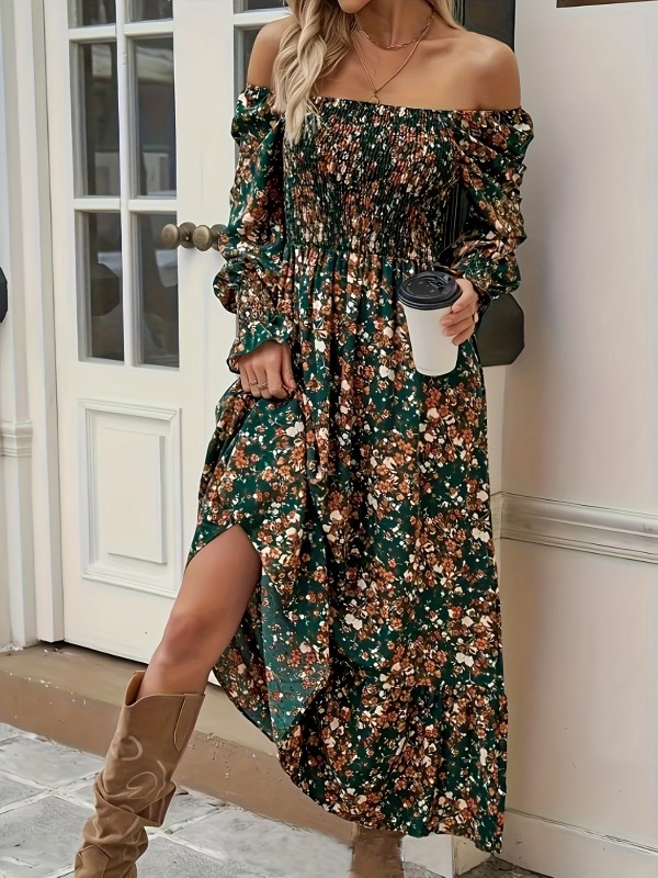 Elegant Women's Floral Print Square Neck Dress - Long Sleeve, Ruffled Hem, Polyester Blend, Machine Washable - Chic & Sophisticated for All Seasons