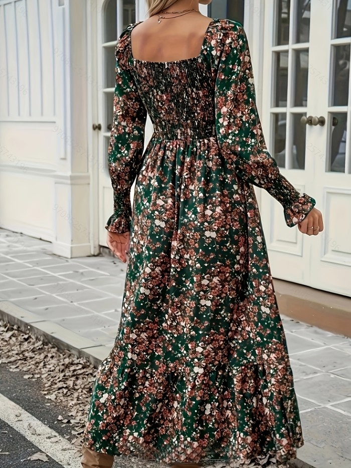 Elegant Women's Floral Print Square Neck Dress - Long Sleeve, Ruffled Hem, Polyester Blend, Machine Washable - Chic & Sophisticated for All Seasons