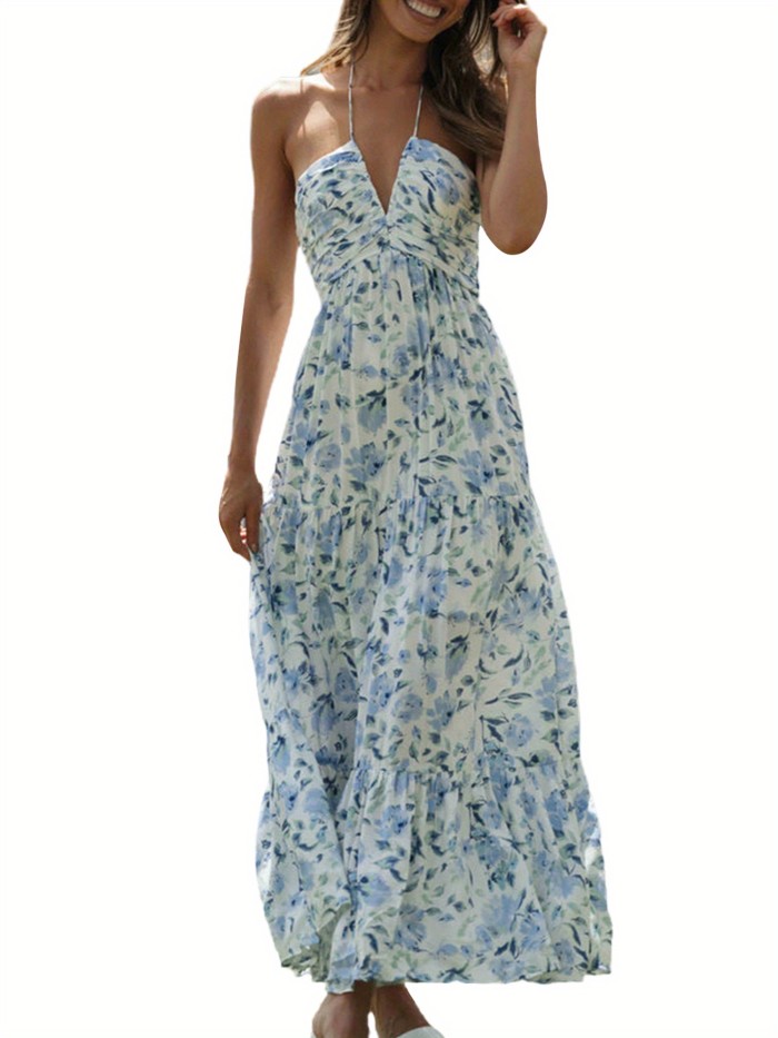 Elegant Women's Floral Maxi Sundress - Sleeveless Halter Neck with V-Neck and Smocked Ruffle Detail, Flowy Boho Beach Style, Off-Shoulder Design, Perfect for Spring\u002FSummer\u002FFall, Beach Dress