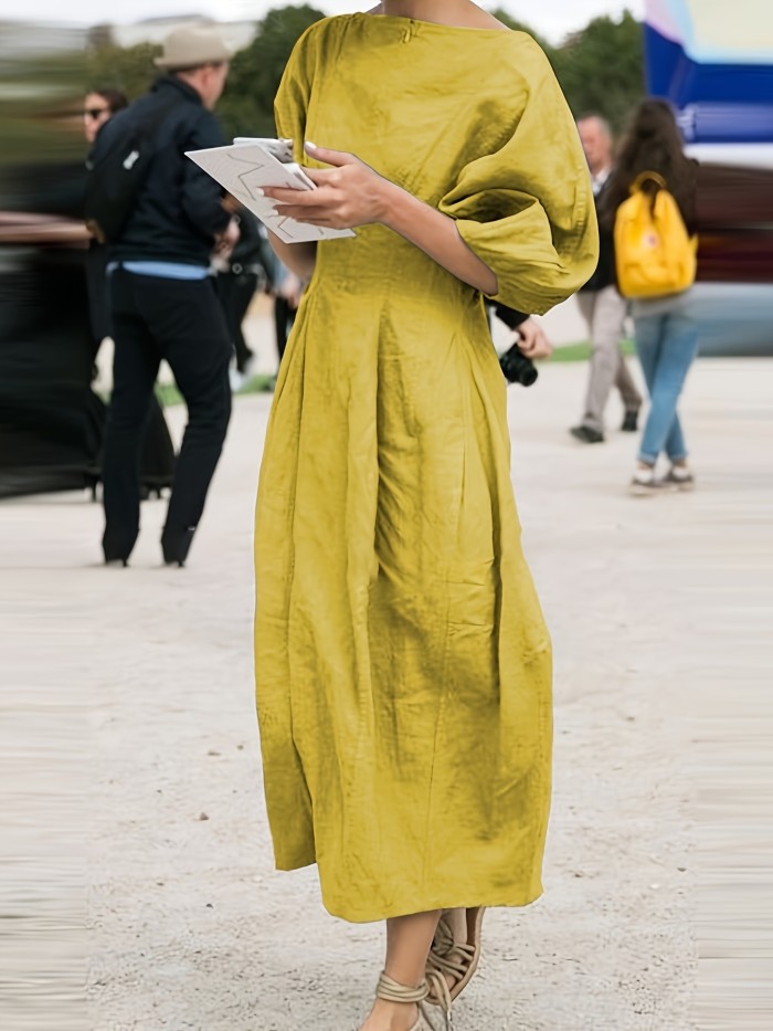 Summer Loose Linen Dress Solid Color Round Neck Puff Sleeves Casual Streetwear High Waist Midi Dresses