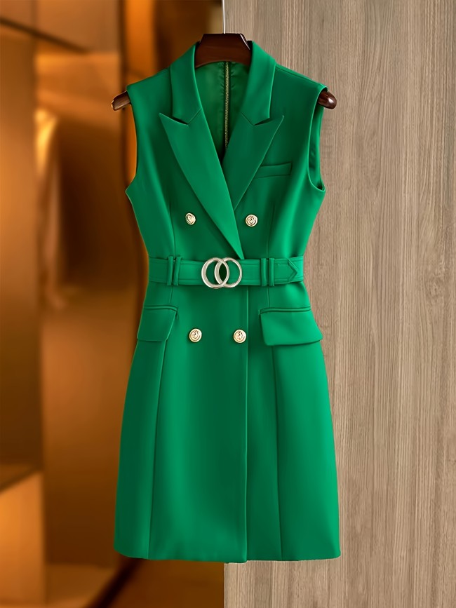 Elegant Green Sleeveless Blazer Dress with Belt - Chic Double-Breasted, Notch Collar, Solid Color, Polyester Blend, Machine Washable - Perfect for Spring\u002FSummer\u002FFall Events