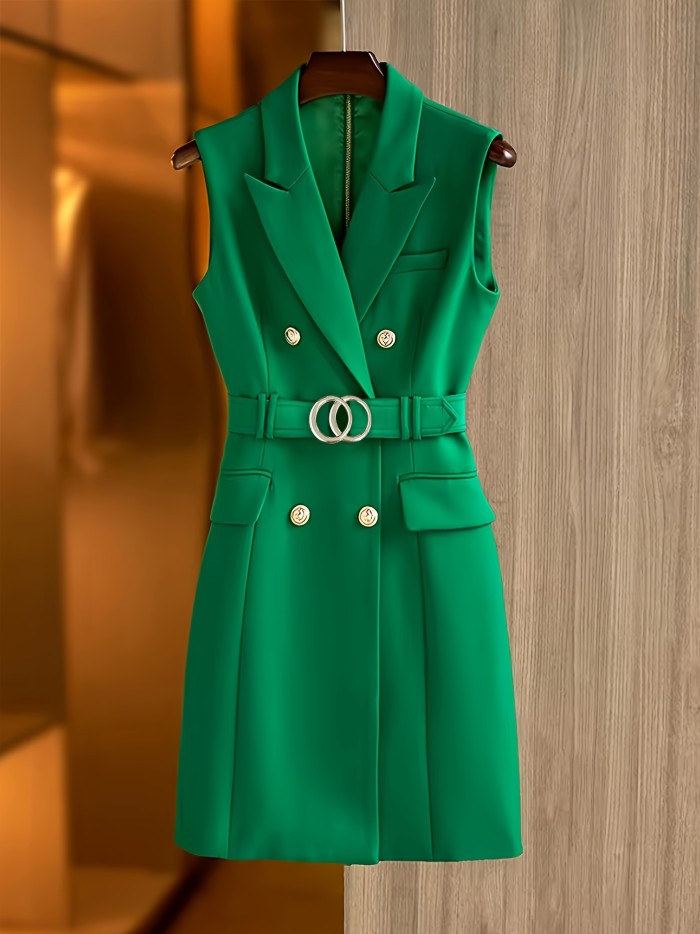 Elegant Green Sleeveless Blazer Dress with Belt - Chic Double-Breasted, Notch Collar, Solid Color, Polyester Blend, Machine Washable - Perfect for Spring\u002FSummer\u002FFall Events