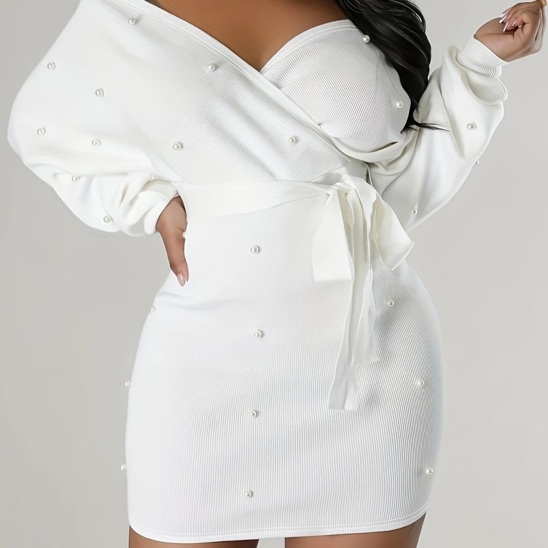 Beaded Bodycon Dress, Casual Long Sleeve Solid Off Shoulder Dress, Women's Clothing
