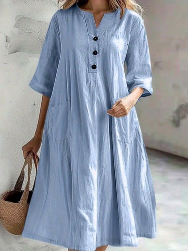 Women Midi Dress Solid Color Buttons Elbow Sleeve V-Neck Dress Summer Pockets Fashion Casual Dress