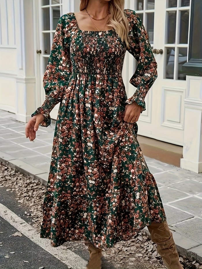 Elegant Women's Floral Print Square Neck Dress - Long Sleeve, Ruffled Hem, Polyester Blend, Machine Washable - Chic & Sophisticated for All Seasons