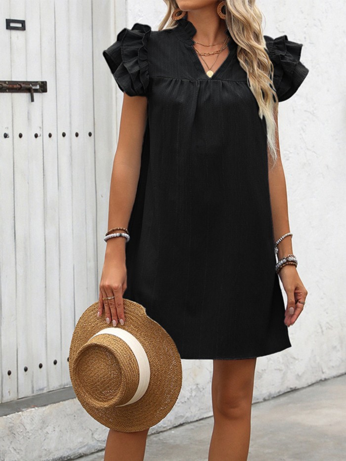 Elegant Maroon V-Neck Mini Dress for Women - Chic Ruffle Fly Sleeves, Solid Color, Lightweight Polyester - Perfect for Spring\u002FSummer Casual Wear