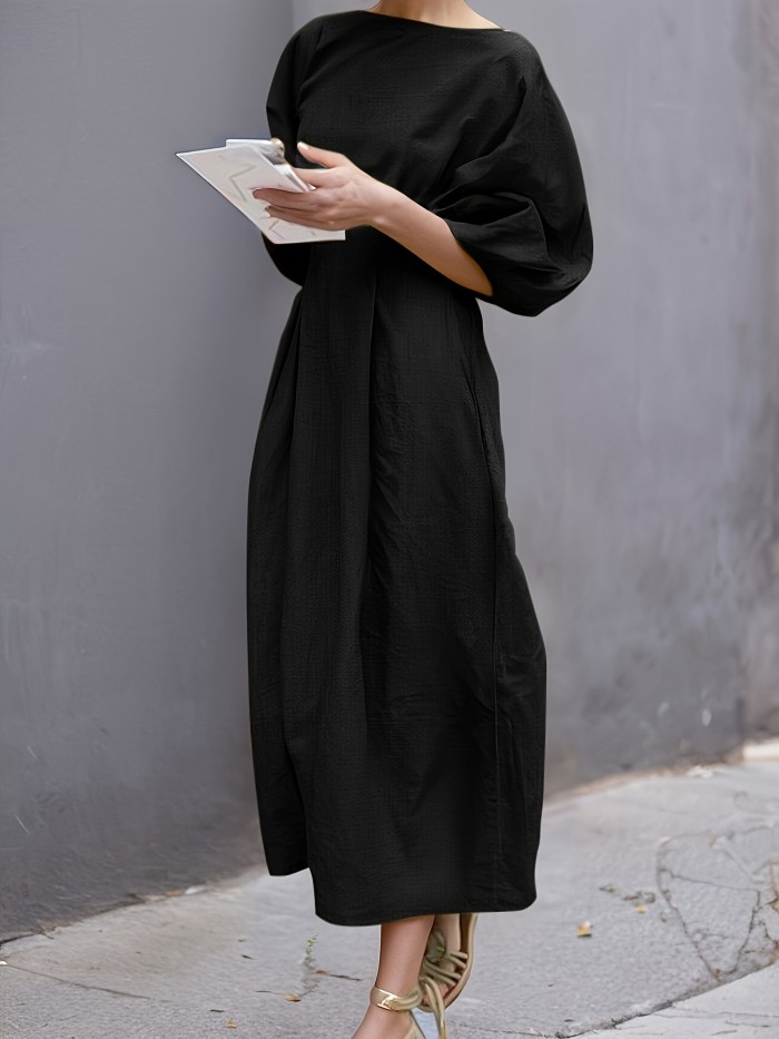 Summer Loose Linen Dress Solid Color Round Neck Puff Sleeves Casual Streetwear High Waist Midi Dresses