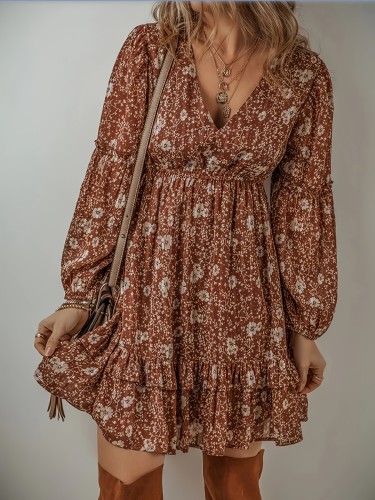 Boho Chic Floral V-Neck Mini Dress with Ruffle Trim and Bubble Sleeves - Machine Washable, Polyester - Perfect for Spring\u002FFall
