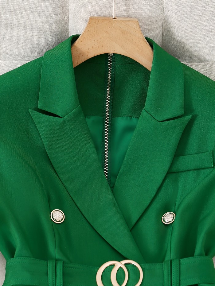 Elegant Green Sleeveless Blazer Dress with Belt - Chic Double-Breasted, Notch Collar, Solid Color, Polyester Blend, Machine Washable - Perfect for Spring\u002FSummer\u002FFall Events