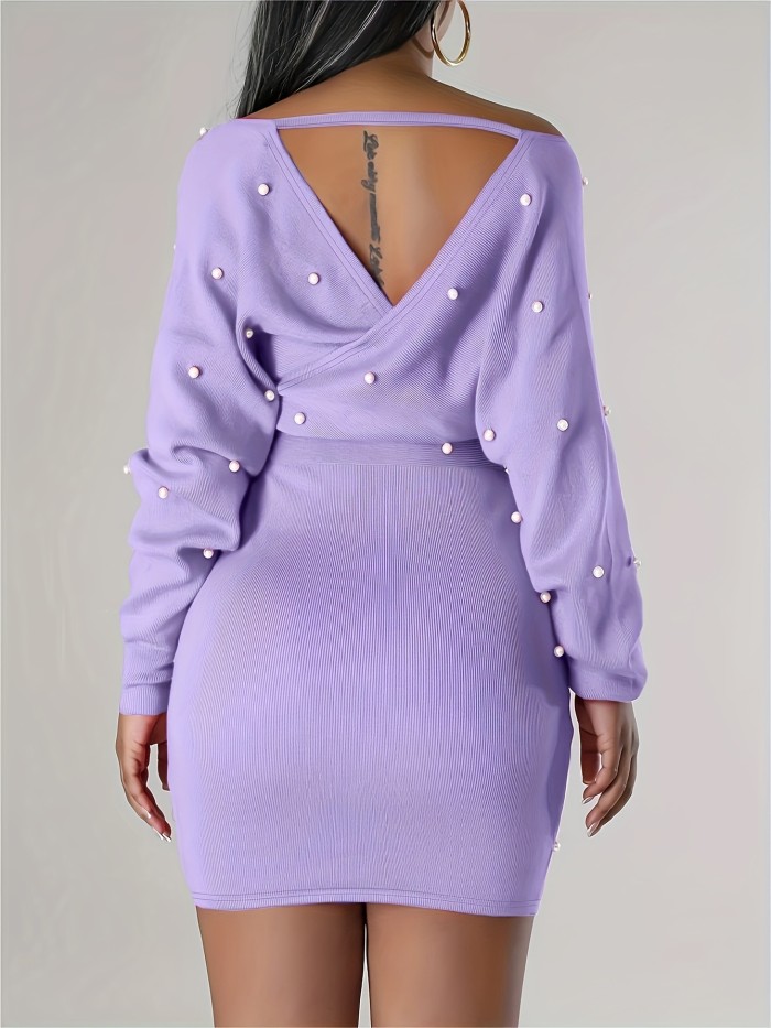 Beaded Bodycon Dress, Casual Long Sleeve Solid Off Shoulder Dress, Women's Clothing