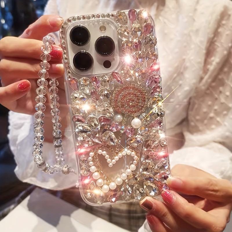Luxury and Fashionable Crystal Pink Hardware Wave Board Sugar Pearl Love Anti-fall Mobile Phone Case Suitable for iPhone16promax 15plus Mobile Phone Shell