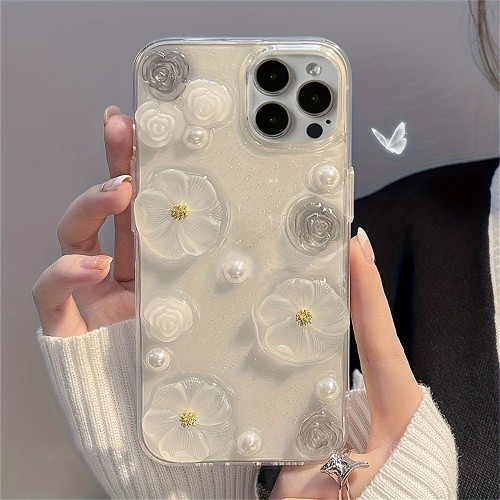 Luxury Cute 3D Rose Flower Pearl Glitter Soft Phone Case for iPhone 15 Pro Max 14 Pro Max 13 Pro Max 12 Pro Max 11 12 13 14 15 XR Clear Shockproof Back Cover