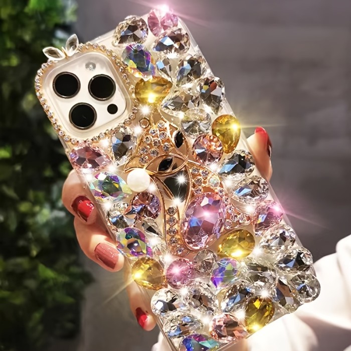 Stylish Luxury Pearl Rhinestone Fox Mobile Phone Case for iPhone16Promax Anti-Fall Mobile Phone Shell