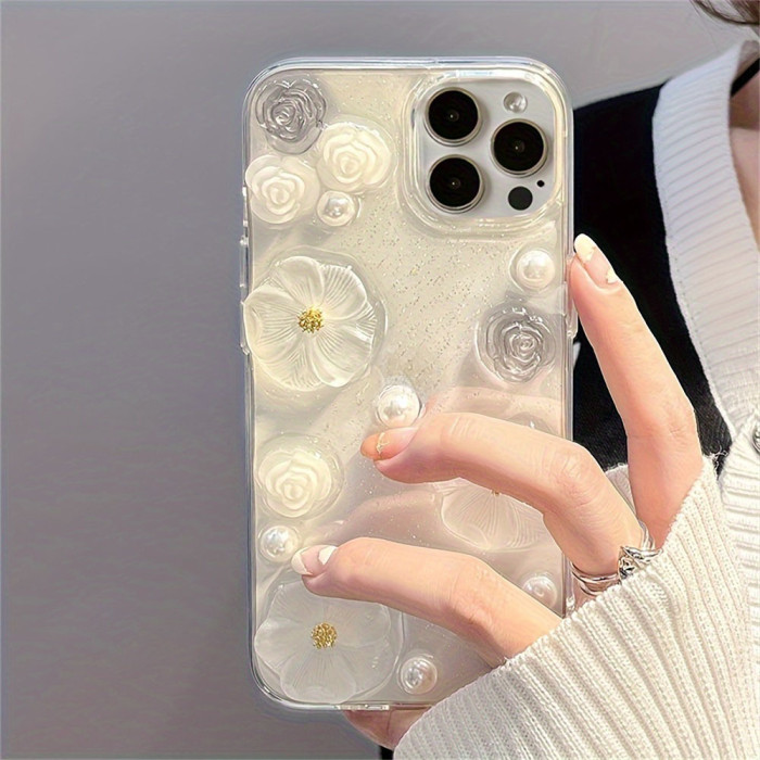 Luxury Cute 3D Rose Flower Pearl Glitter Soft Phone Case for iPhone 15 Pro Max 14 Pro Max 13 Pro Max 12 Pro Max 11 12 13 14 15 XR Clear Shockproof Back Cover