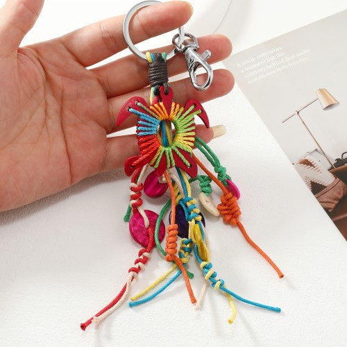 Handmade Colorful Woven Wood & Coconut Shell Turtle Keychain with Chunky Cord Detail, Artistic Bohemian Style Keyring Accessory