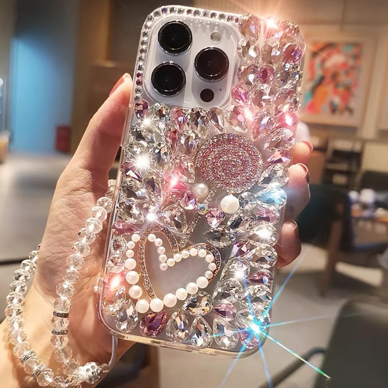 Luxury and Fashionable Crystal Pink Hardware Wave Board Sugar Pearl Love Anti-fall Mobile Phone Case Suitable for iPhone16promax 15plus Mobile Phone Shell