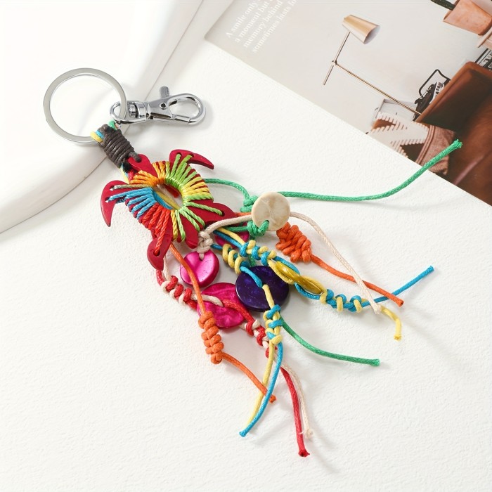 Handmade Colorful Woven Wood & Coconut Shell Turtle Keychain with Chunky Cord Detail, Artistic Bohemian Style Keyring Accessory
