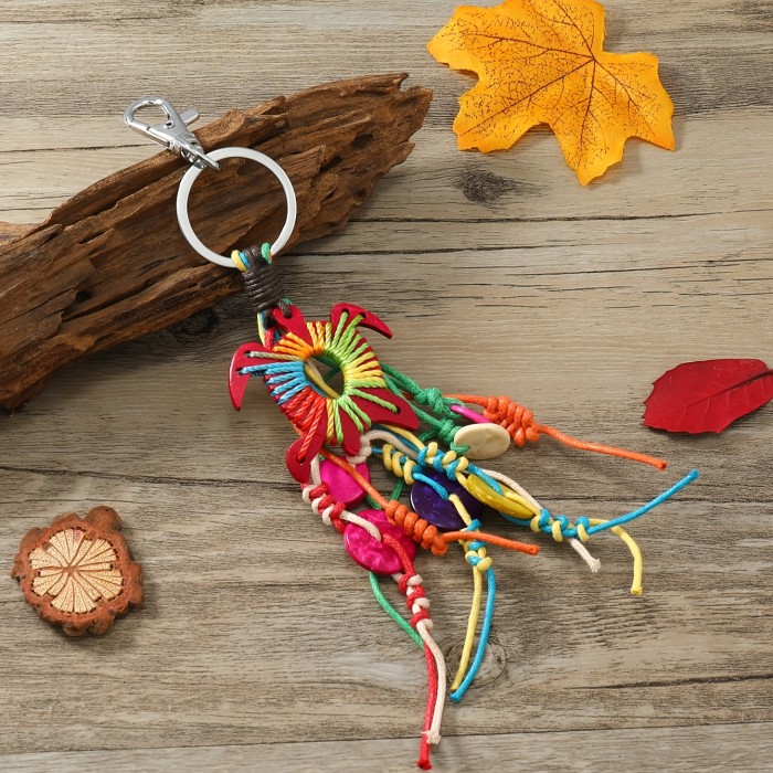 Handmade Colorful Woven Wood & Coconut Shell Turtle Keychain with Chunky Cord Detail, Artistic Bohemian Style Keyring Accessory