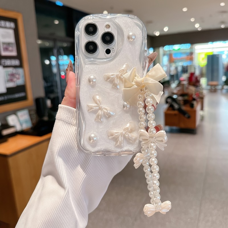 for iPhone Protective Case, Cream Color Drip Glue + Silk Bow Hanging Chain for iPhone 11 12 13 14 15 16 Series Mobile Phone Case